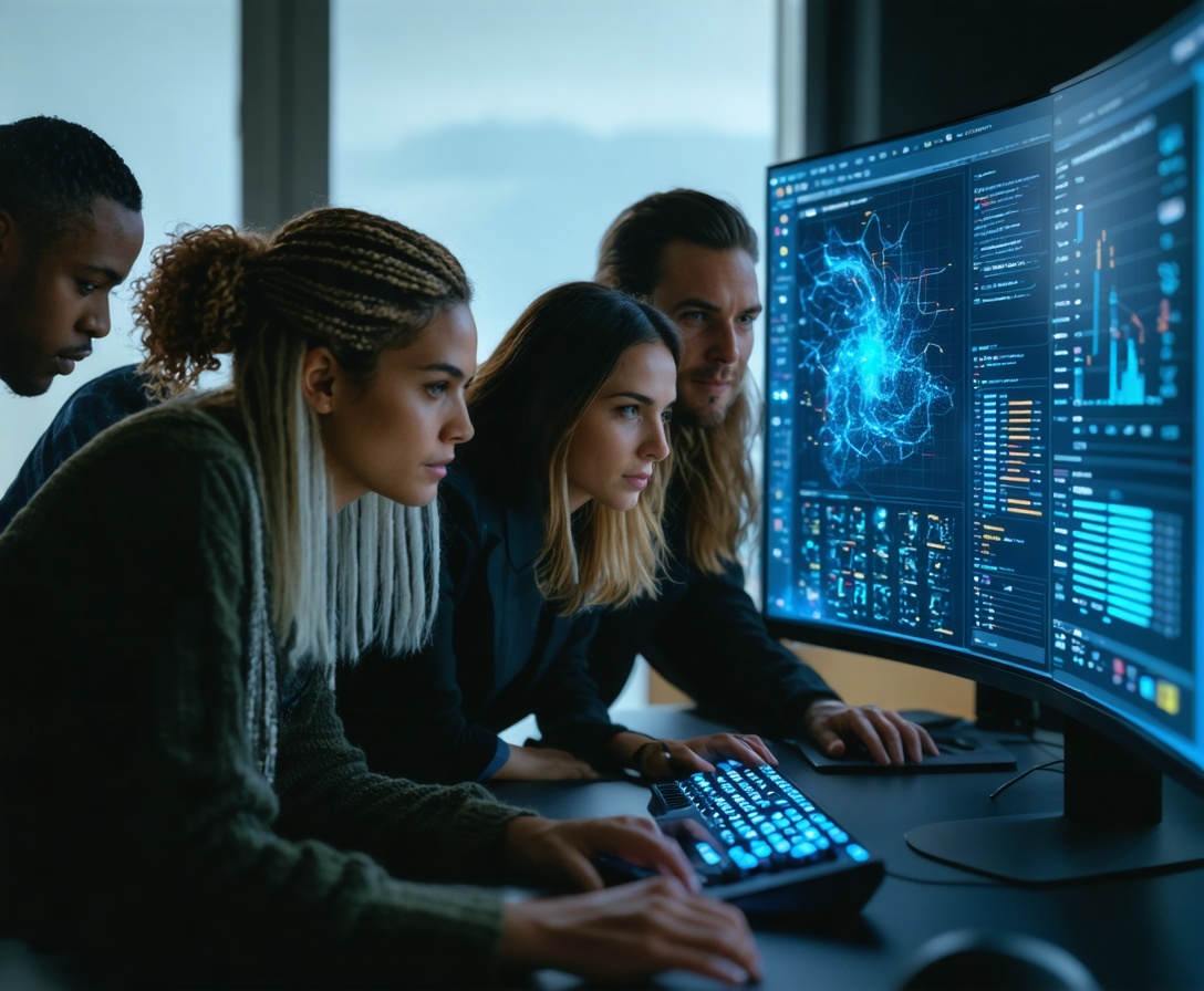 Teilnehmer in einem KI-Workshop betrachten einen Monitor