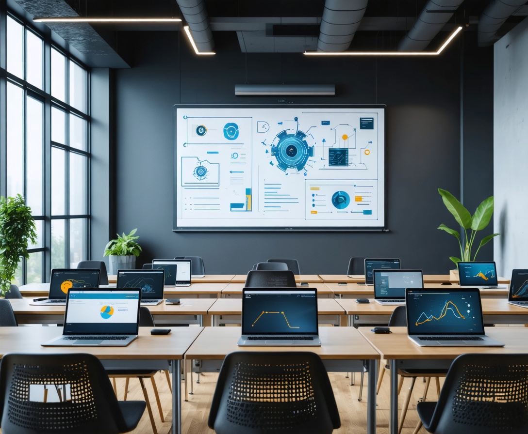 Moderner Kursraum mit High-End Laptops und digitalem Whiteboard