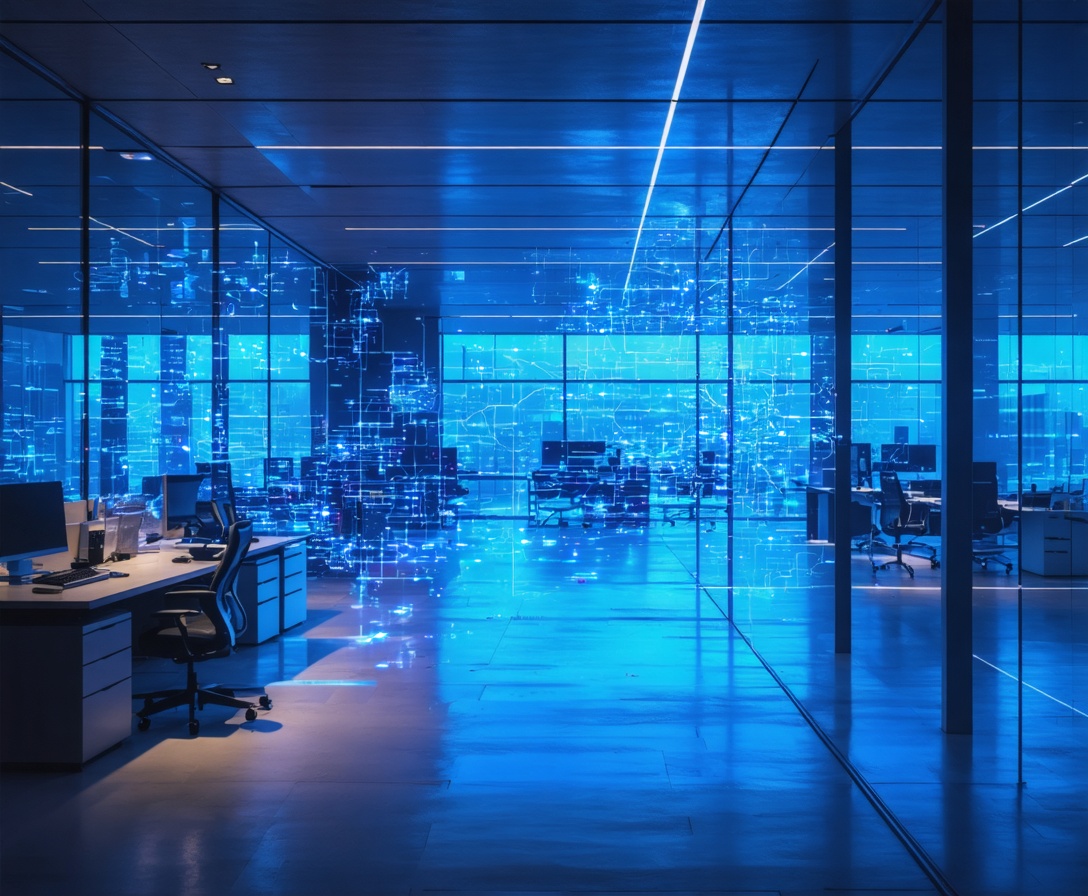 Modernes High-Tech Büro in Berlin bei Dämmerung