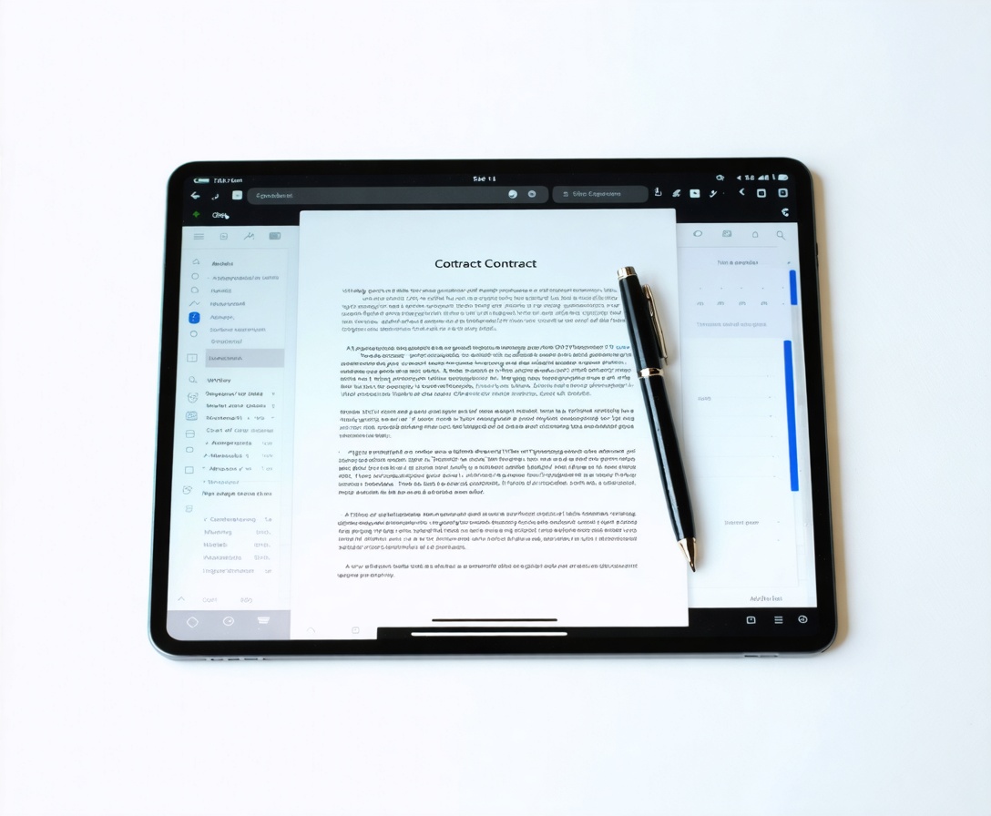 Nahaufnahme eines Tablets mit einem digitalen Vertrag und einem eleganten Stift