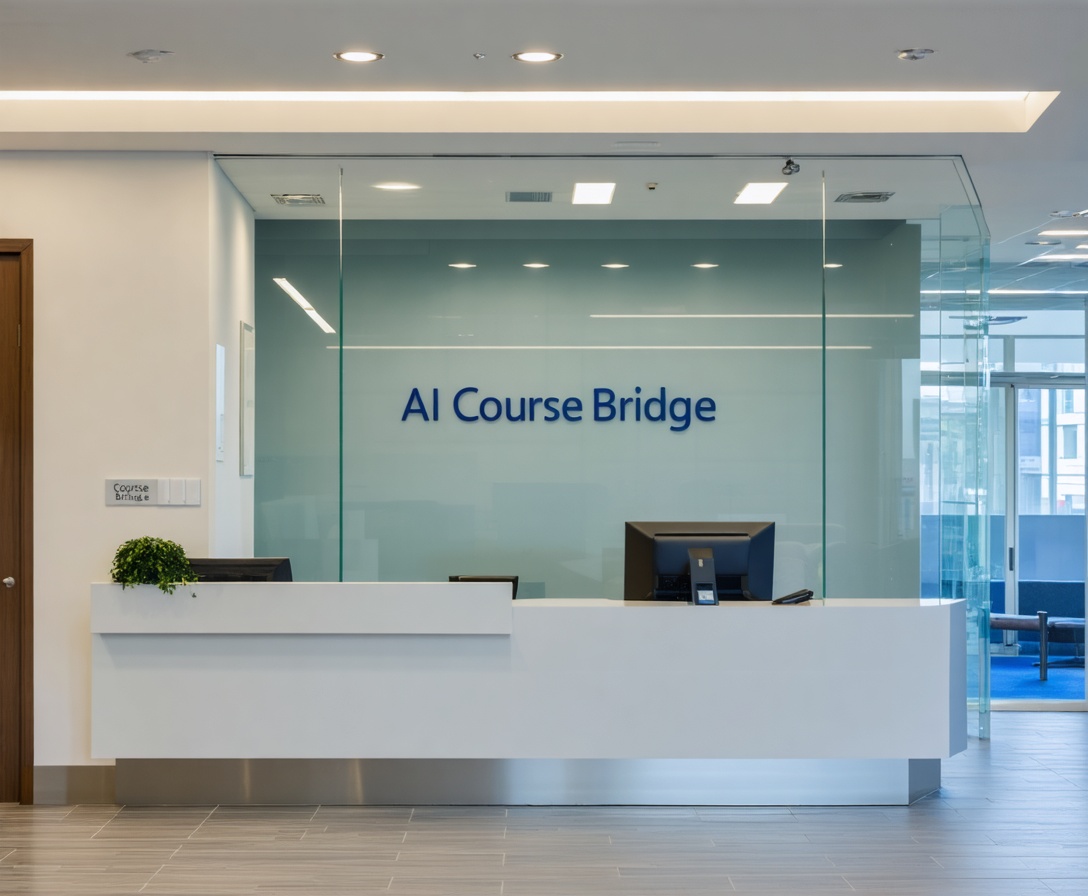 Moderner Empfangsbereich mit dem Logo von AI Course Bridge